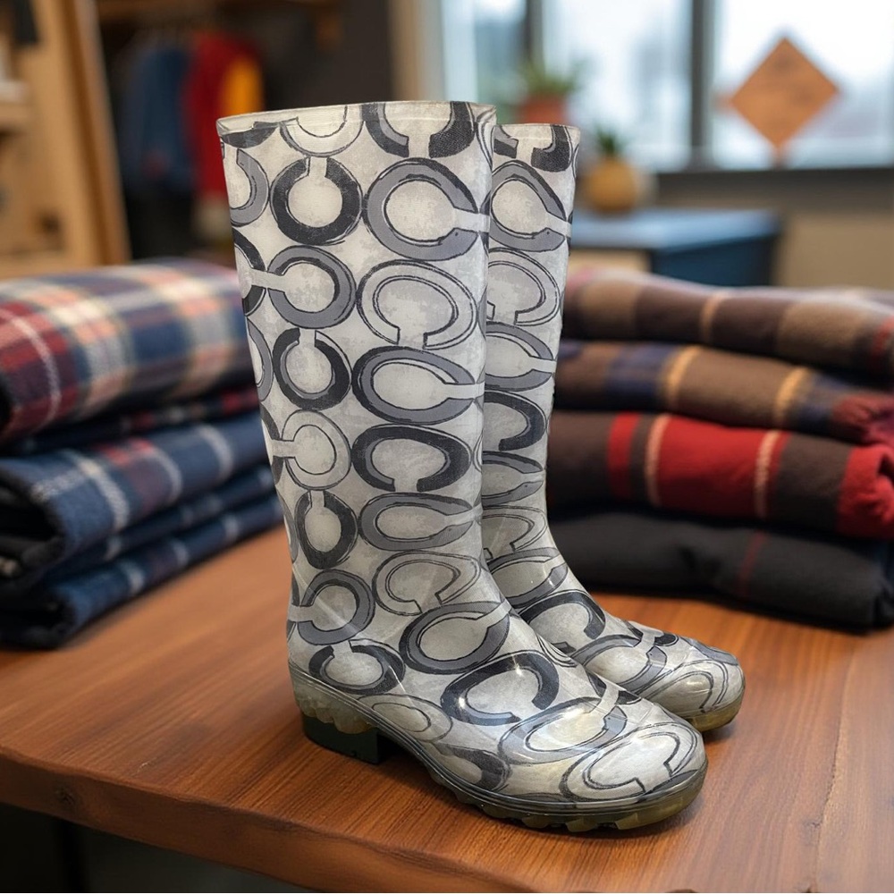 VTG COACH Pixy Clear Signature C Graphic White Black and Gray Tall Rain Boot 9